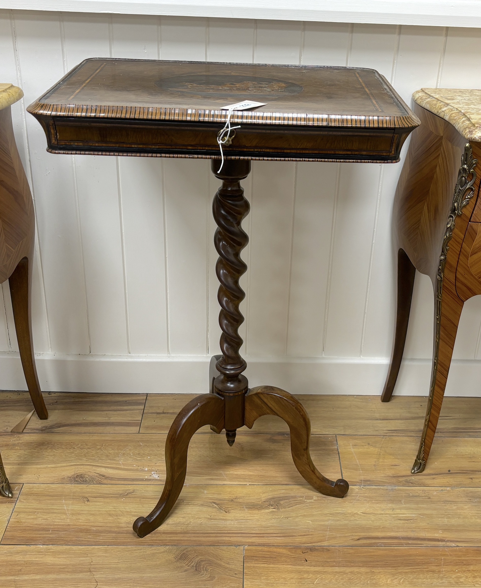 A 19th century Sorrento marquetry rectangular walnut tripod table on barley twist stem, width 53cm, depth 40cm, height 78cm